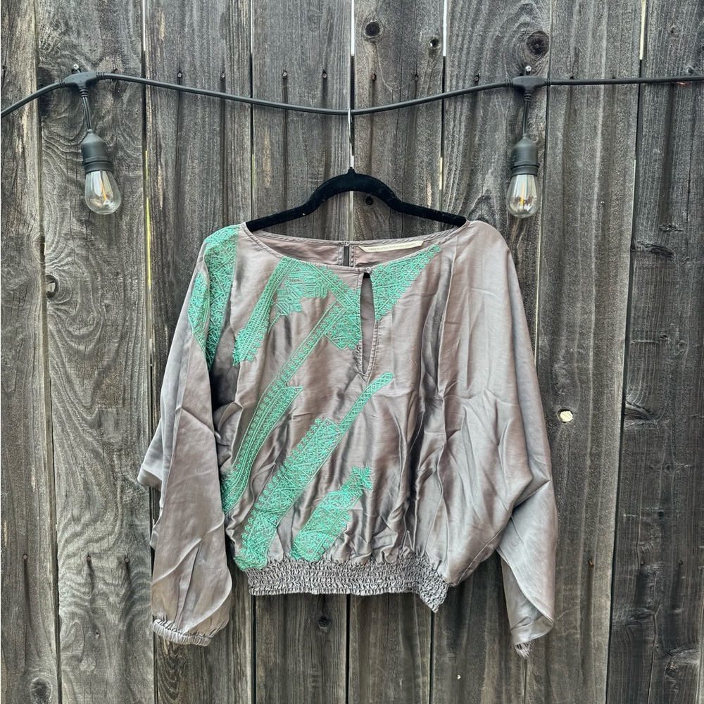 Twelfth Street by Cynthia Vincent Silver and Green Silk Blouse with Keyhole larg